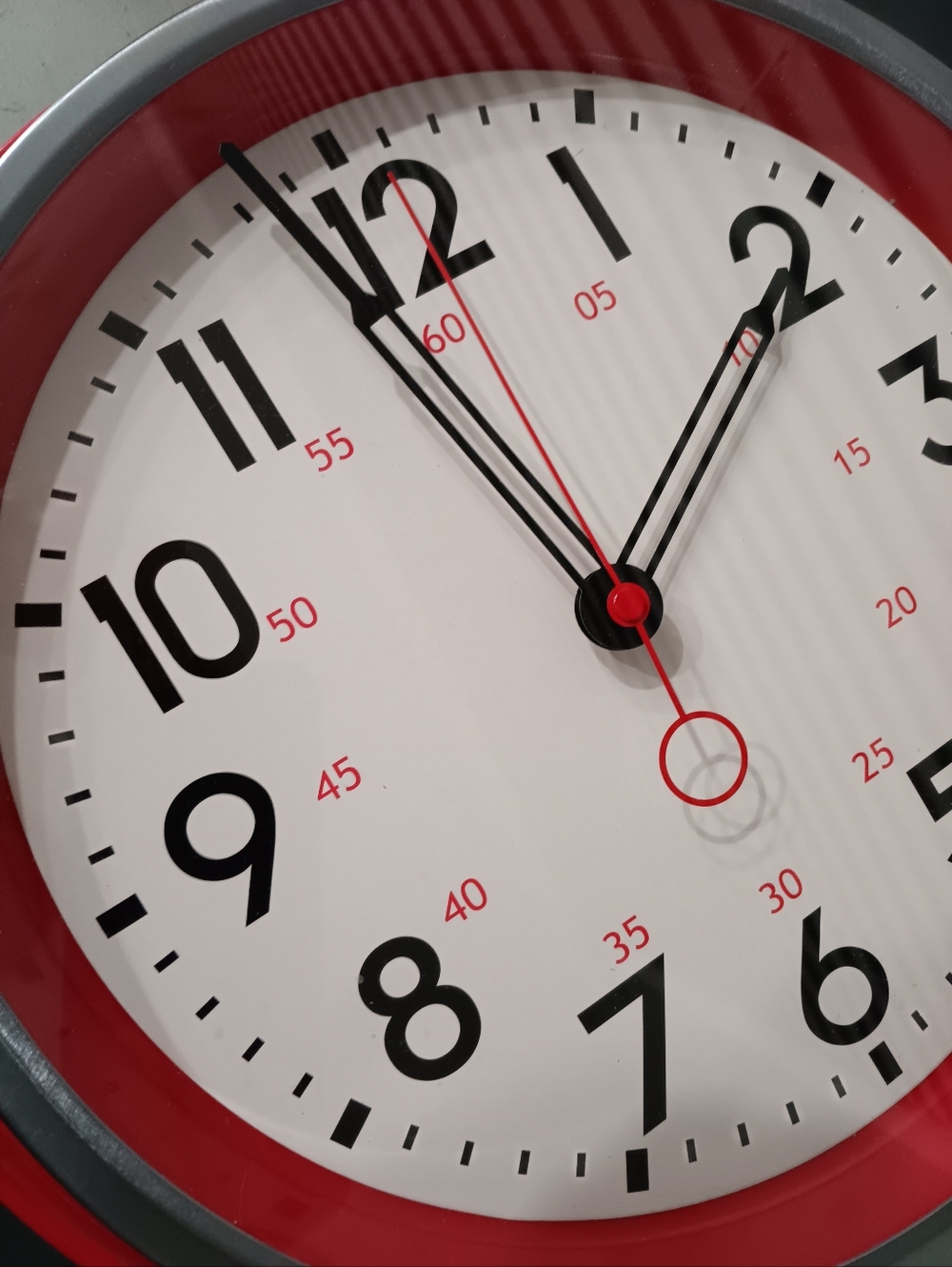 WALL CLOCK red w/silver & black numbers retro school